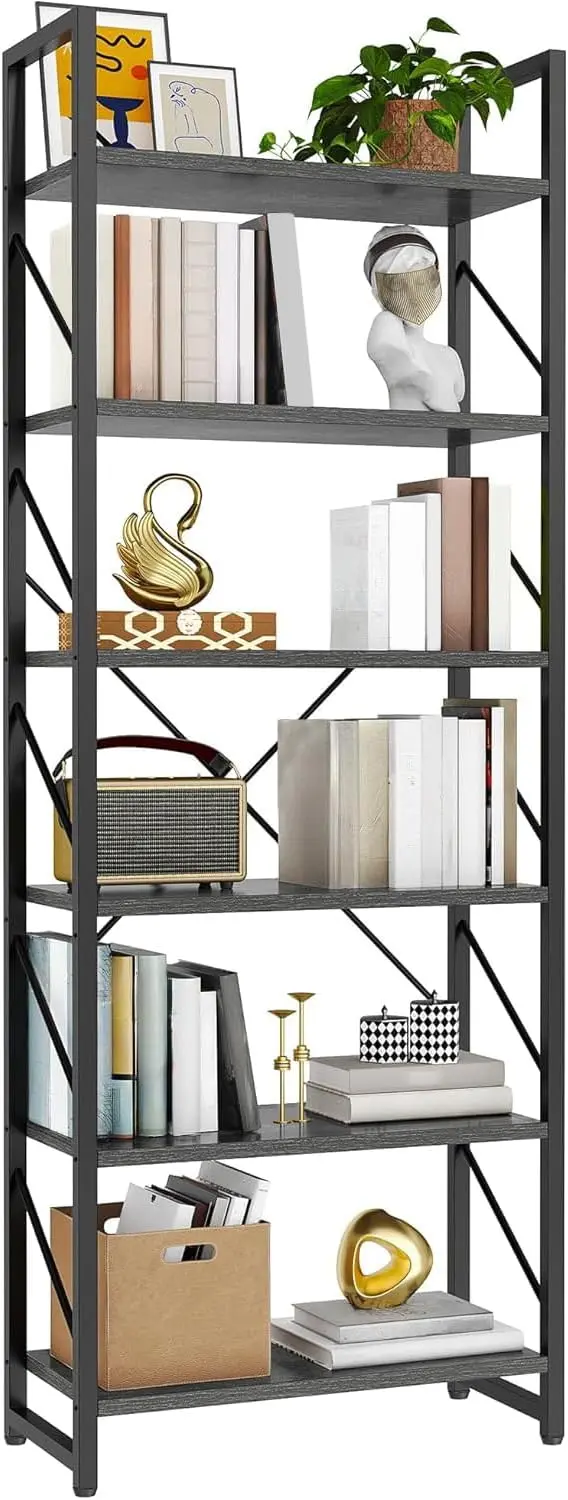 YITAHOME Tall Bookshelf Antique Book Shelf 6 Tier Bookcase, Open Display Storage Rack Shelves for Living Room/Bedroom/Home/Office/Kitchen, Holder Organizer for Books/Movies, Charcoal Gray + Black image 9