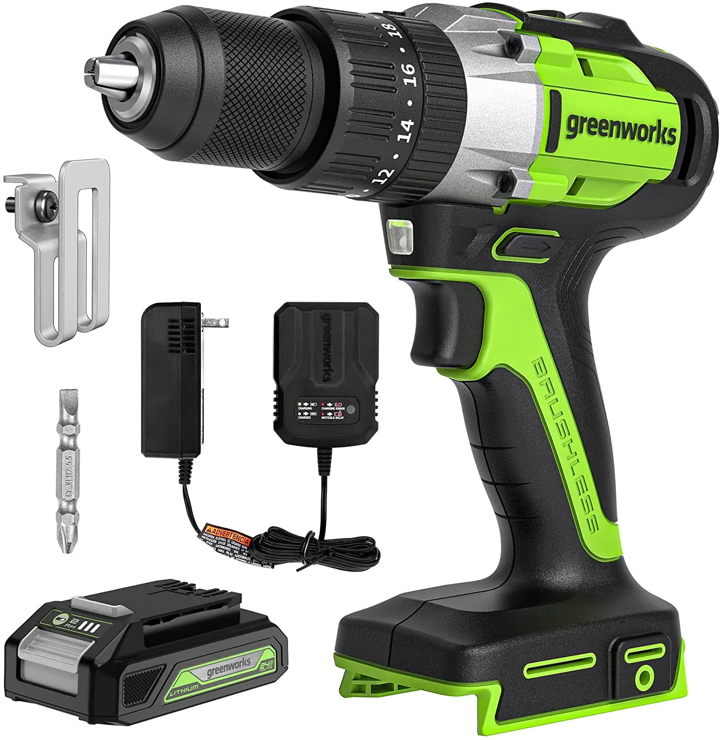 Greenworks 24V 1/2" Cordless Brushless Hammer Drill Kit + 2Ah Battery & Charger 3706602 image 1