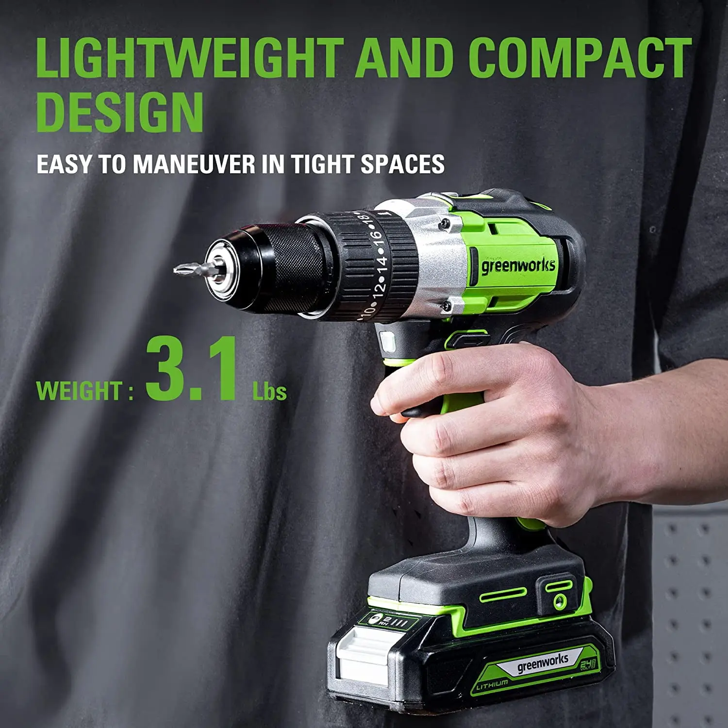 Greenworks 24V 1/2" Cordless Brushless Hammer Drill Kit + 2Ah Battery & Charger 3706602 image 7