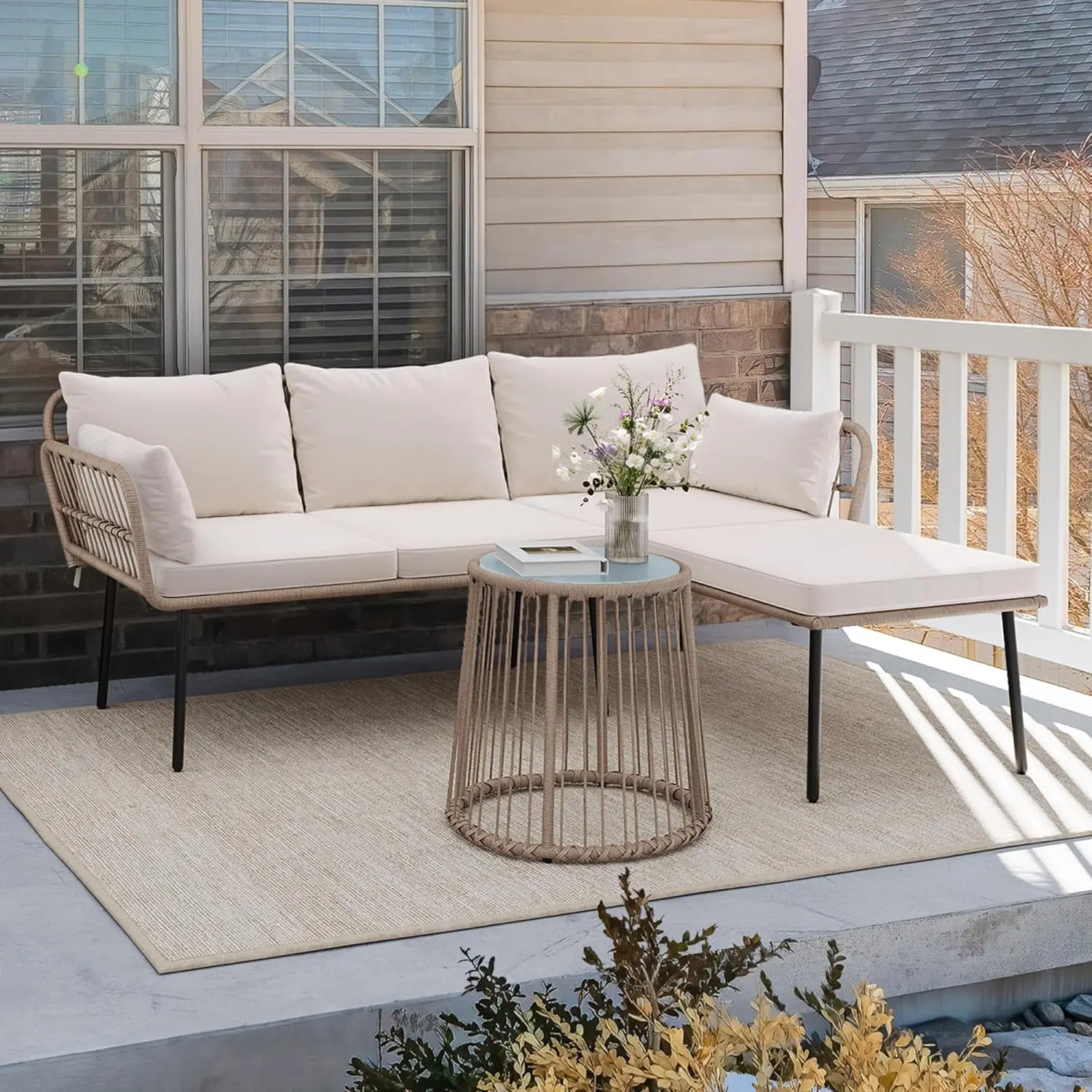 YITAHOME 3 Piece Patio Furniture Set Wicker Patio Sectional with Detachable Cushions and Coffee Table Outdoor Furniture Set L-Shaped Sectional Conversation Sofa Set for Backyard Porch Balcony - Beige image