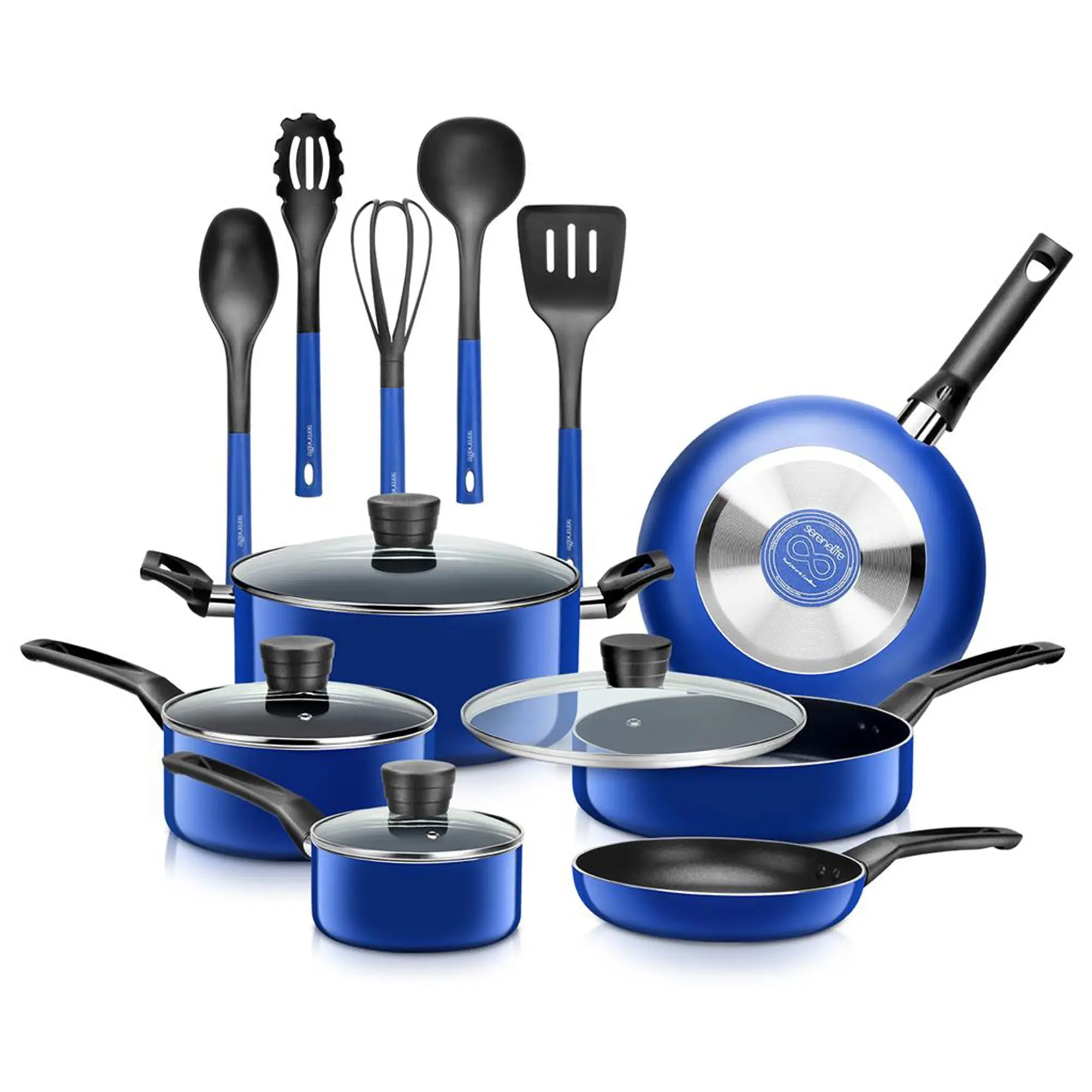 SereneLife 15 Piece Pots and Pans Non Stick Kitchenware Cookware Set, Blue image 1