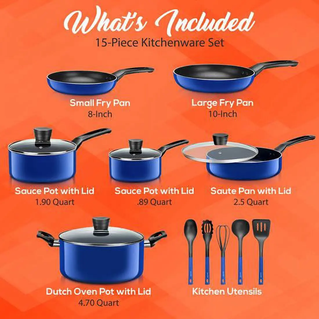 SereneLife 15 Piece Pots and Pans Non Stick Kitchenware Cookware Set, Blue image 2