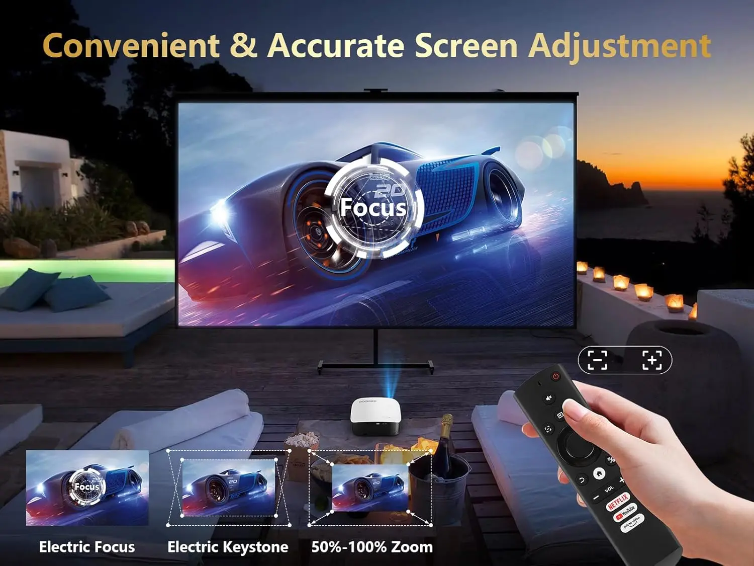 GooDee Smart 4K Projector with 5G WIFI and Bluetooth, Netflix/Amazn Prime Video Certified, Dolby Audio, 800ANSI Outdoor Projector, 400" Zoom Home Theater Projector Compatible with TV Stick,iOS,Android image 3