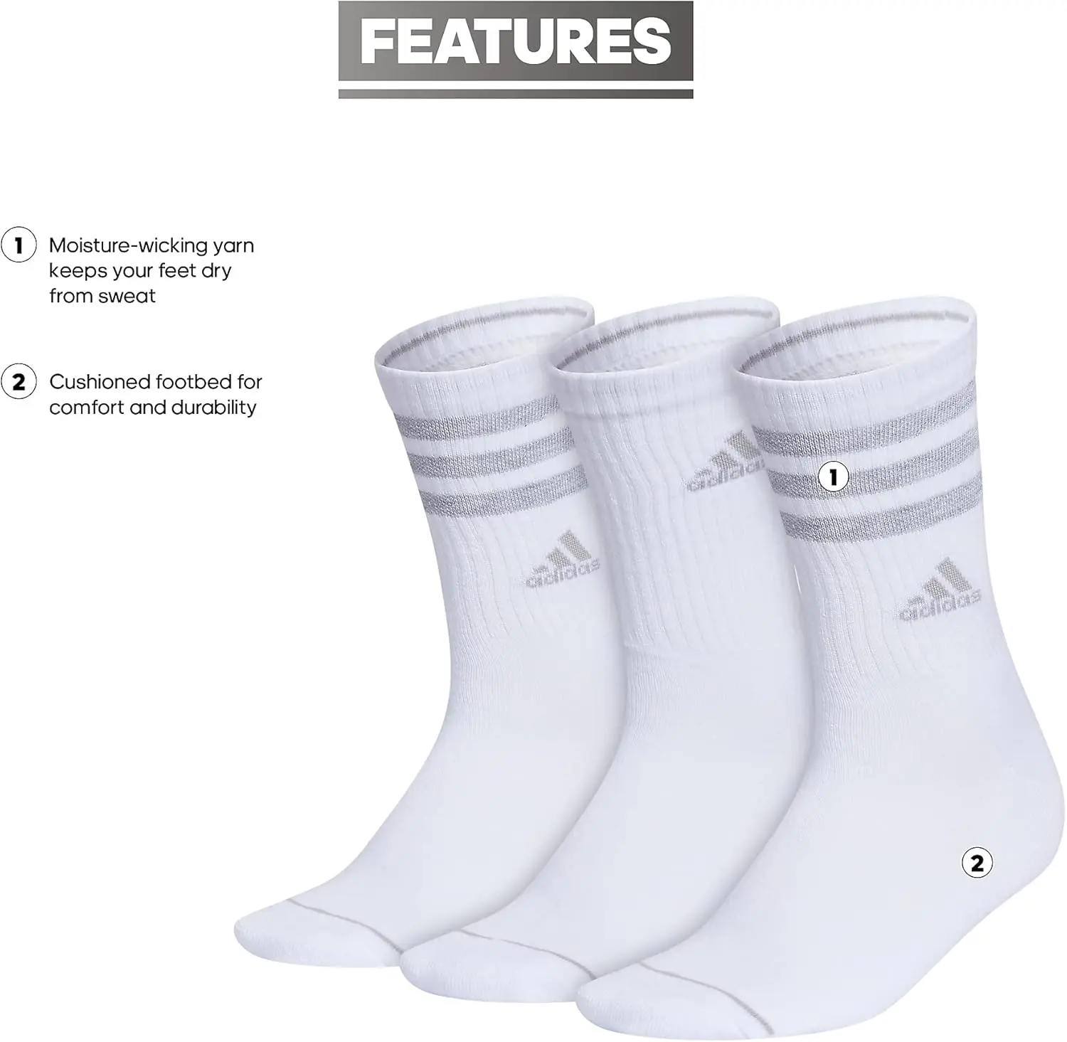 adidas Women's Crew Socks with Arch Compression 3-Pack, Comfortable, Sweat-Wicking, Stylish 3-Stripe image 2