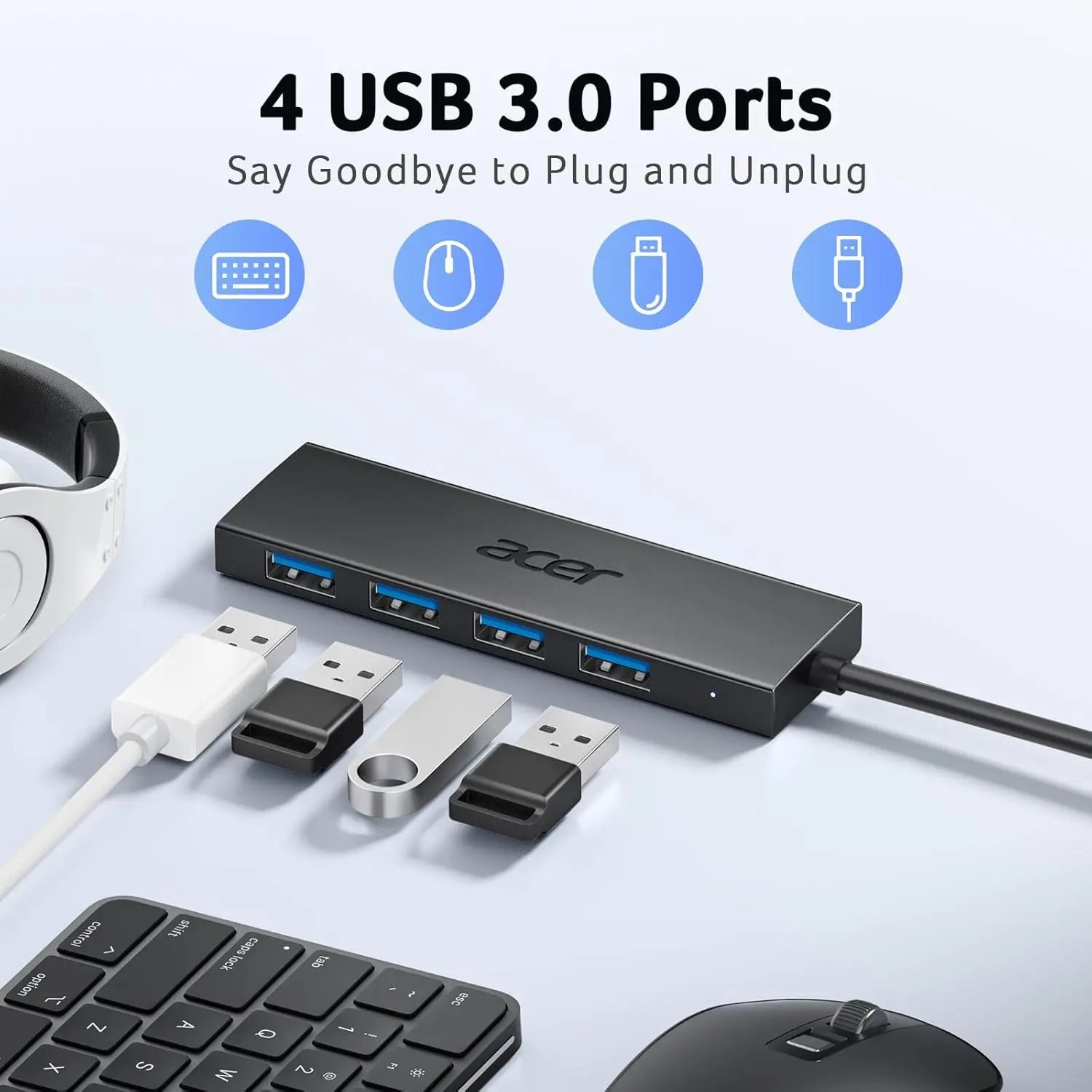 Acer USB Hub 4 Ports, Multiple USB 3.0 Hub, USBA Splitter for Laptop with Type C Power Port, Extender for A Port Laptop, PC, Desktop and More (2ft) image 2