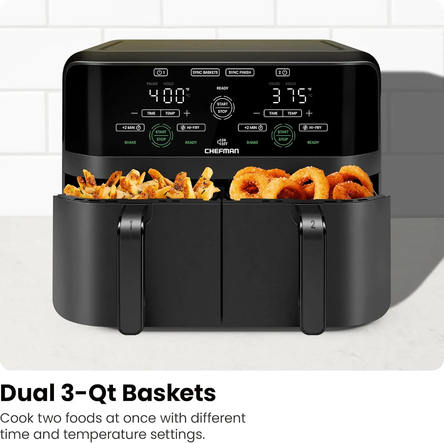 Chefman 6 Quart Dual Basket Air Fryer - Digital Touchscreen, Smart Sync Finish, Hi-Fry, Auto Shutoff, 2 Independent 3QT Nonstick Dishwasher-Safe Frying Baskets - Digital Double Air Fryer - Black image 5
