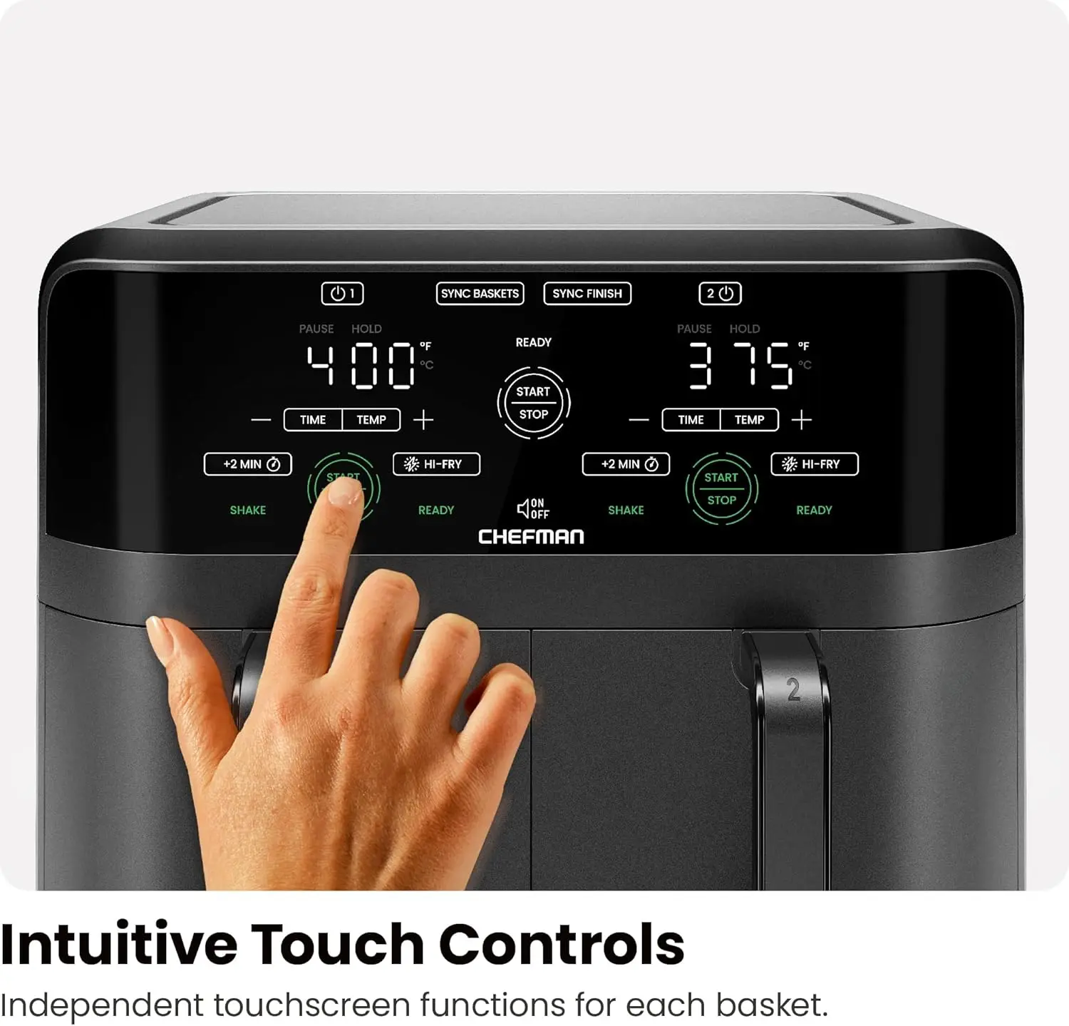 Chefman 6 Quart Dual Basket Air Fryer - Digital Touchscreen, Smart Sync Finish, Hi-Fry, Auto Shutoff, 2 Independent 3QT Nonstick Dishwasher-Safe Frying Baskets - Digital Double Air Fryer - Black image 7