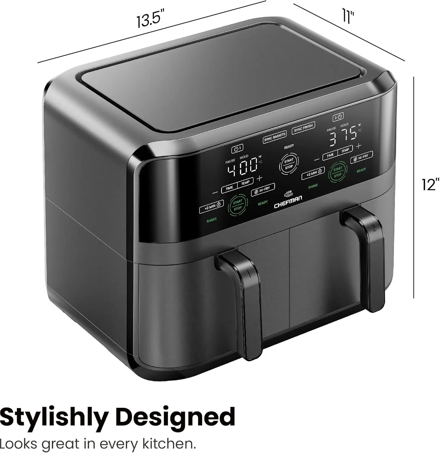 Chefman 6 Quart Dual Basket Air Fryer - Digital Touchscreen, Smart Sync Finish, Hi-Fry, Auto Shutoff, 2 Independent 3QT Nonstick Dishwasher-Safe Frying Baskets - Digital Double Air Fryer - Black image 9