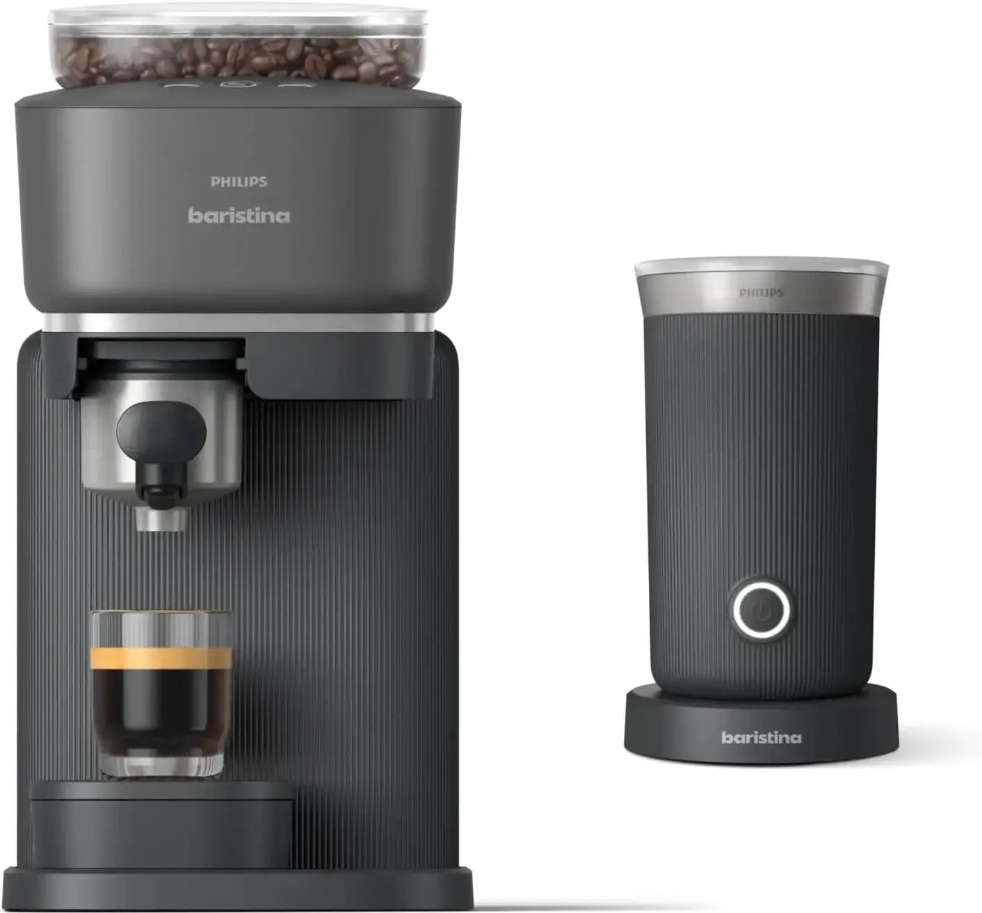 Philips Baristina Espresso Machine+Milk Frother Bundle. Real espresso. Compact coffee machine, portafilter, grinder, Cafe Crema. Dairy & Non-Dairy Milk foam​. Hot & Cold. Easy Clean. Black (BAR303/60) image 1