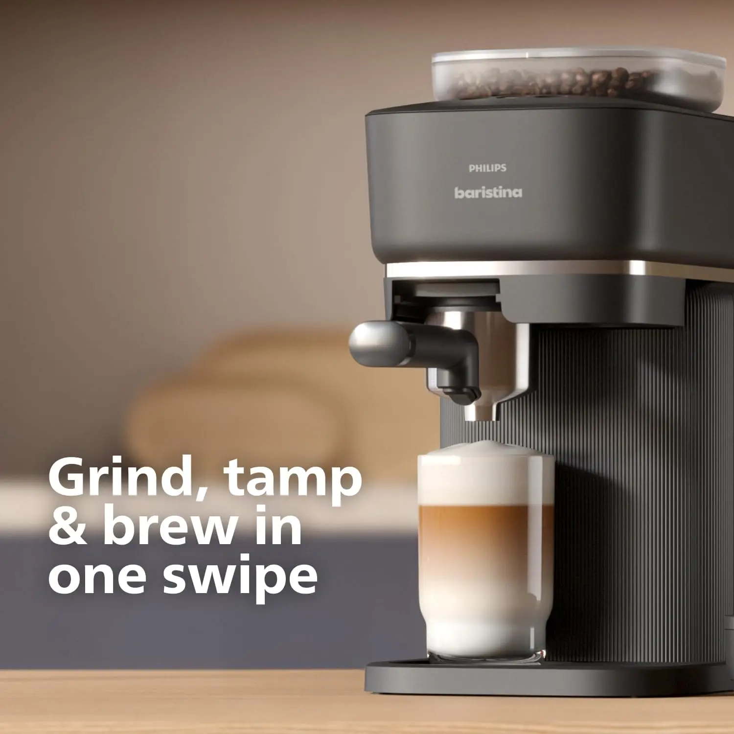 Philips Baristina Espresso Machine+Milk Frother Bundle. Real espresso. Compact coffee machine, portafilter, grinder, Cafe Crema. Dairy & Non-Dairy Milk foam​. Hot & Cold. Easy Clean. Black (BAR303/60) image 3