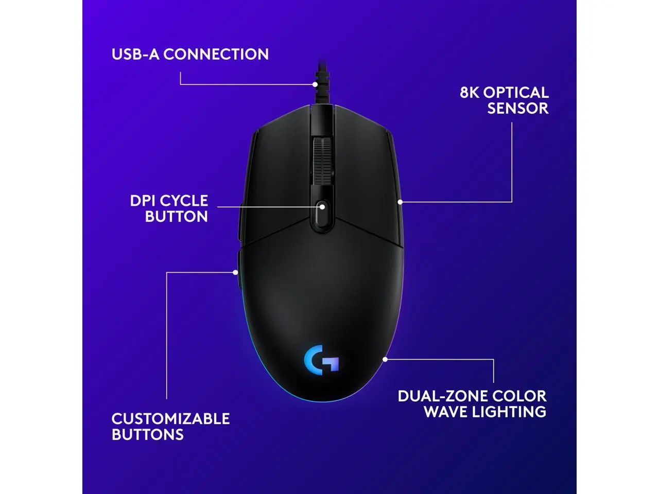 Logitech G203 Wired Gaming Mouse, 8,000 DPI, Rainbow Optical Effect LIGHTSYNC RGB, 6 Programmable Buttons, On-Board Memory, Screen Mapping, PC/Mac Computer and Laptop Compatible - Black image 6