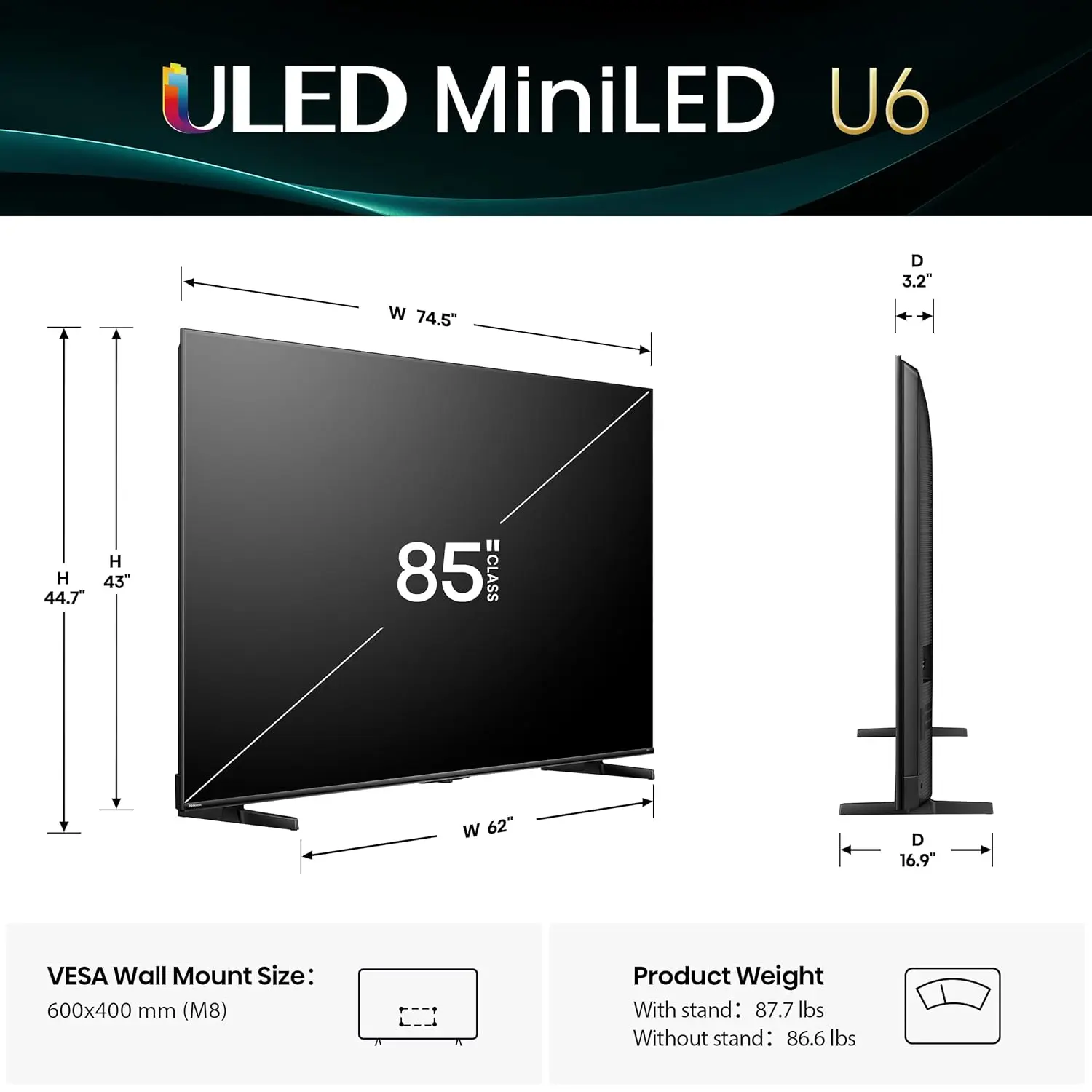 Hisense 85" Class U6 Series Mini-LED 4K UHD Smart Fire TV (85U65QF, 2025 Model) - QLED, Native 144Hz, HDR10+, Dolby Vision IQ, Dolby Atmos, Game Mode Pro, ALLM, Alexa Built in, Black image 2