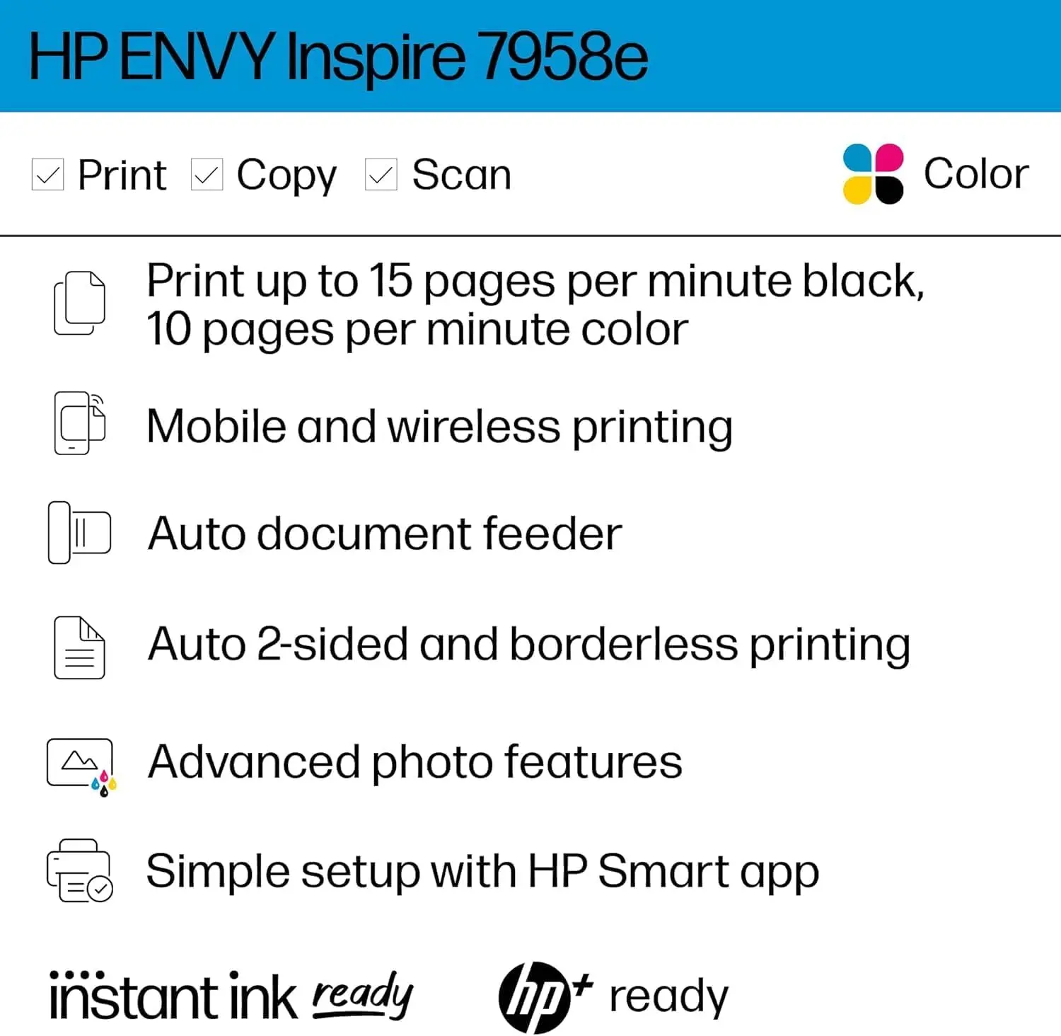 HP ENVY Inspire 7958e Wireless All-in-One Color Inkjet Printer, Print, scan, copy, Duplex printing best-for-home, 3 month Instant Ink trial included (327A7A) image 3