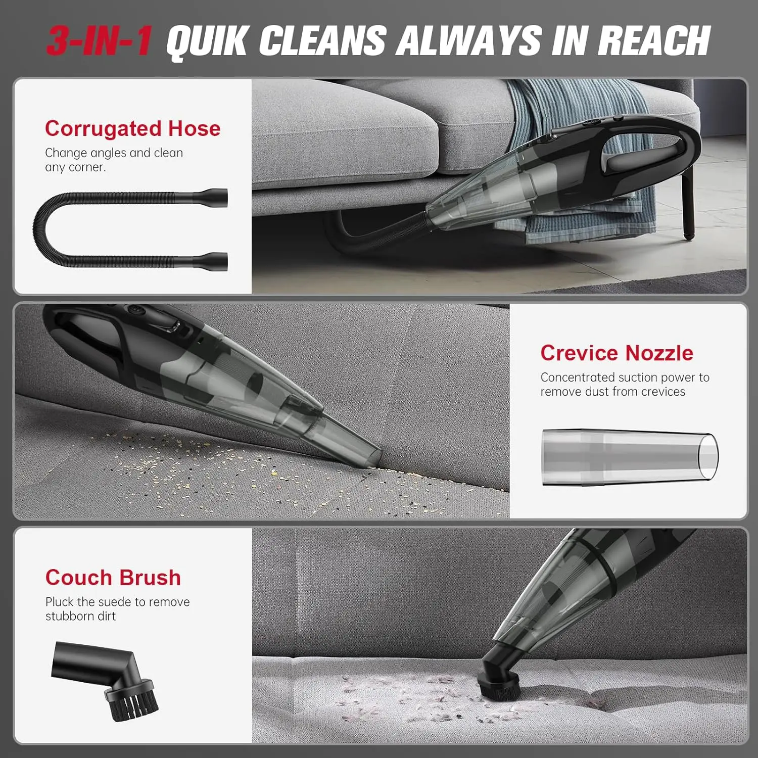 Handheld Vacuum Cordless Rechargeable, Car Vacuum Cleaner with LED, USB Charge, 1.65LBs Hand Vacuum Cordless, for Car/Home/Pet image 6