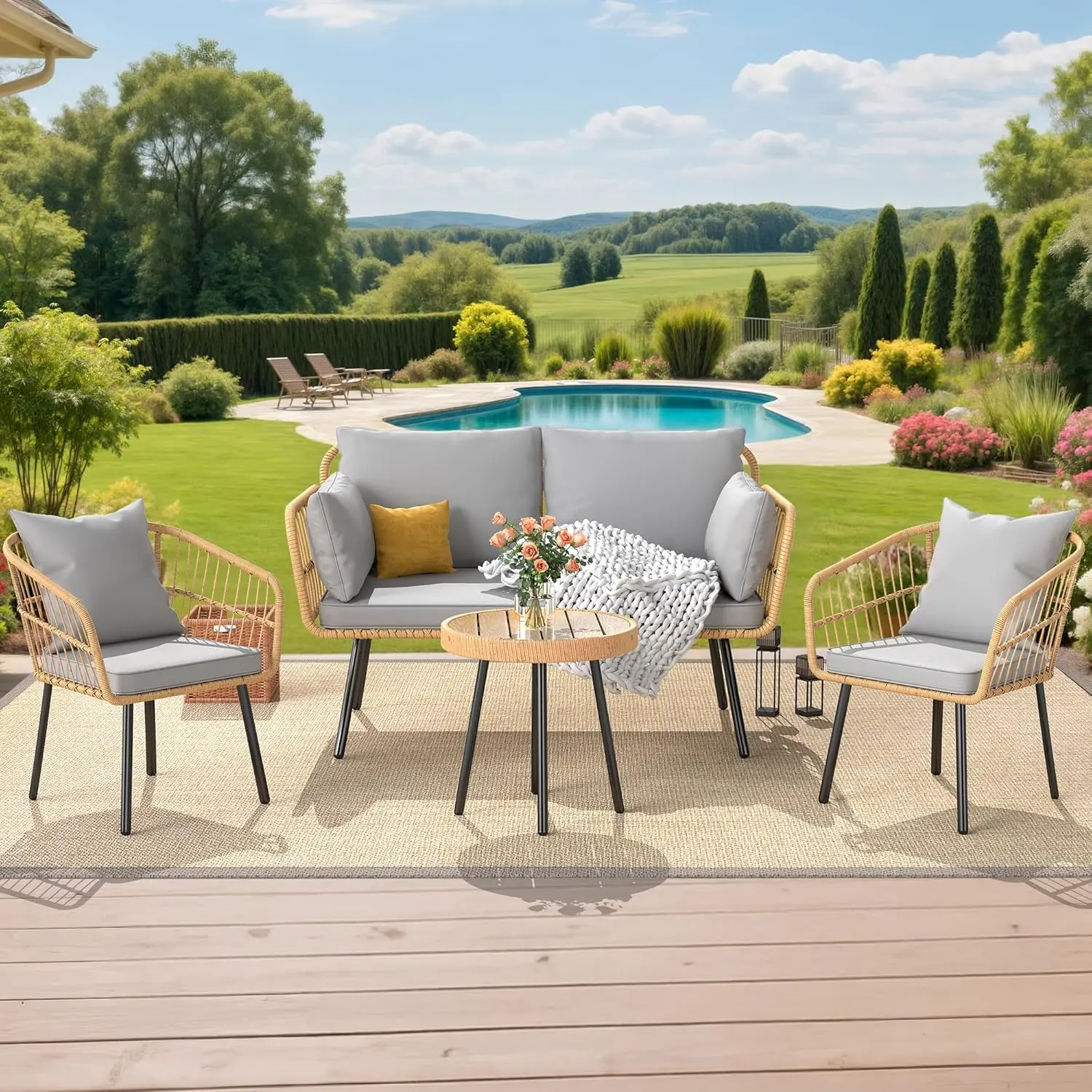 YITAHOME 4 Pieces Patio Furniture Set, Outdoor Wicker Patio Conversation Set, All-Weather Rattan Bistro Set with Loveseat Chairs Table Soft Cushions for Garden, Porch, Backyard - Grey image