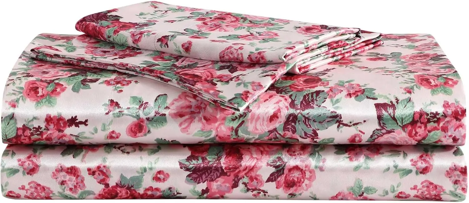 Betsey Johnson - Queen Bed Sheets, Satin Bedding Set with Matching Shams, Smooth & Silky, Chic Room Essentials (Vintage Floral Pink, Queen) image 1