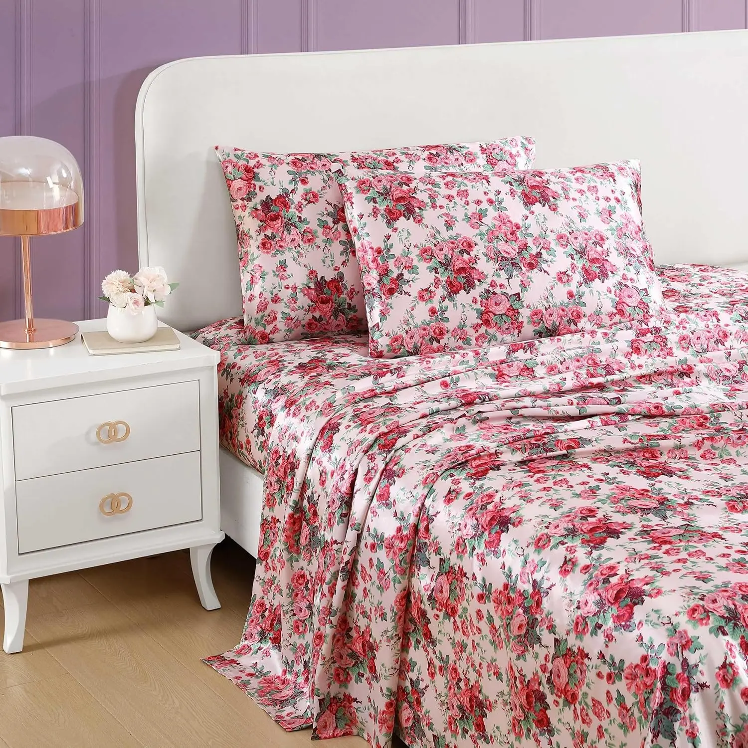 Betsey Johnson - Queen Bed Sheets, Satin Bedding Set with Matching Shams, Smooth & Silky, Chic Room Essentials (Vintage Floral Pink, Queen) image 2