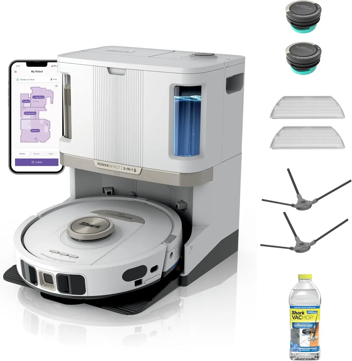 Shark Robot Vacuum & Mop Combo, PowerDetect NeverTouch Pro,Self-Emptying,Self-Refill with Self-Clean Pad Wash & Dry, 60-Day Debris Capacity,30-Day Refill Tank, 5PowerDetect Technologies,White,AV2800ZE image 1