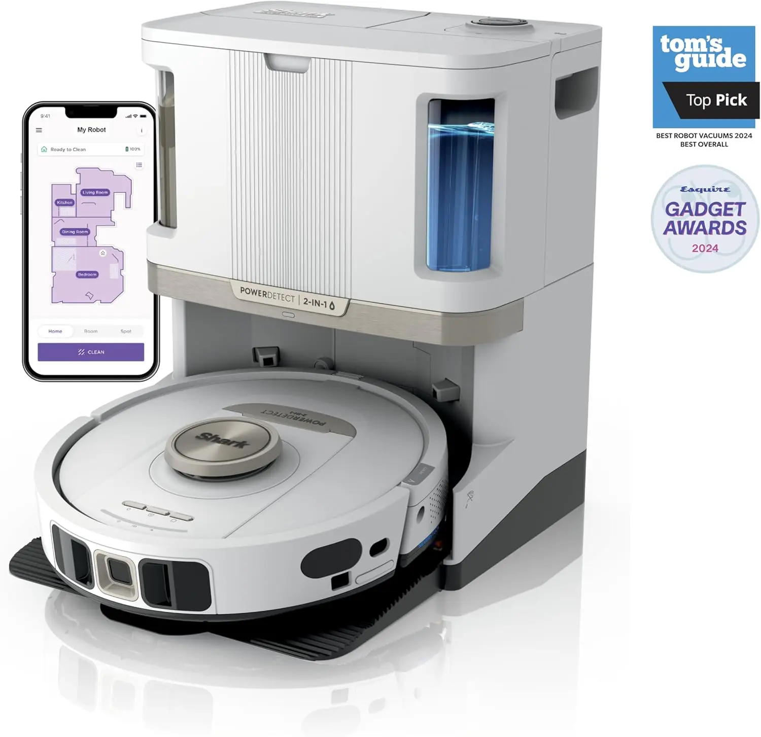 Shark Robot Vacuum & Mop Combo, PowerDetect NeverTouch Pro,Self-Emptying,Self-Refill with Self-Clean Pad Wash & Dry, 60-Day Debris Capacity,30-Day Refill Tank, 5PowerDetect Technologies,White,AV2800ZE image 2