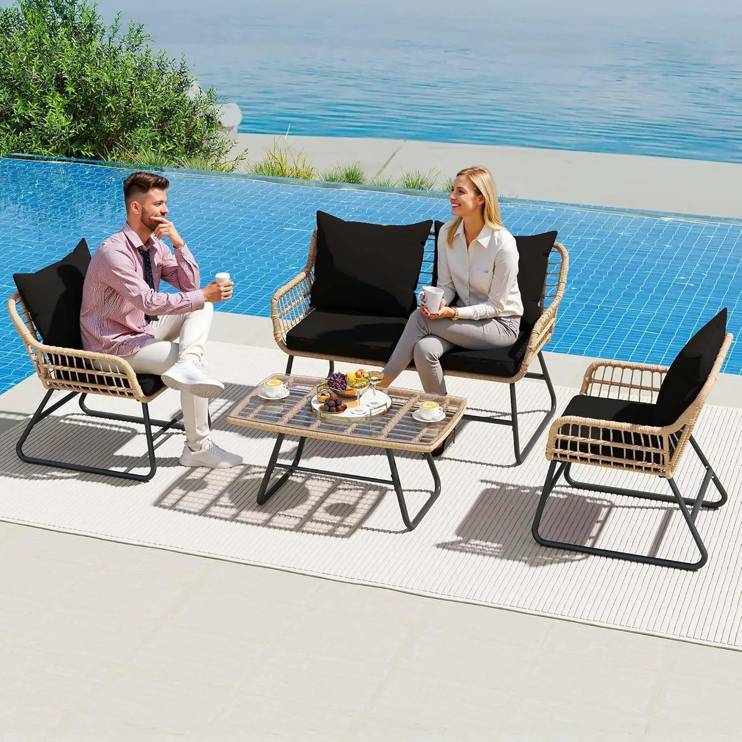 YITAHOME 4-Piece Patio Furniture Wicker Outdoor Bistro Set, All-Weather Rattan Conversation Loveseat Chairs for Backyard, Balcony and Deck with Soft Cushions and Metal Table, Light Brown+Black image 2