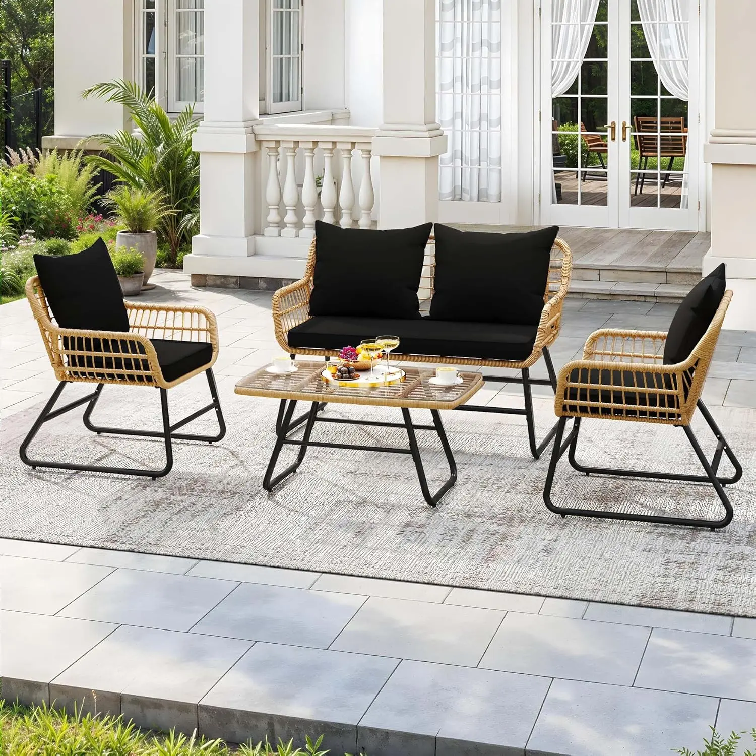 YITAHOME 4-Piece Patio Furniture Wicker Outdoor Bistro Set, All-Weather Rattan Conversation Loveseat Chairs for Backyard, Balcony and Deck with Soft Cushions and Metal Table, Light Brown+Black image 3