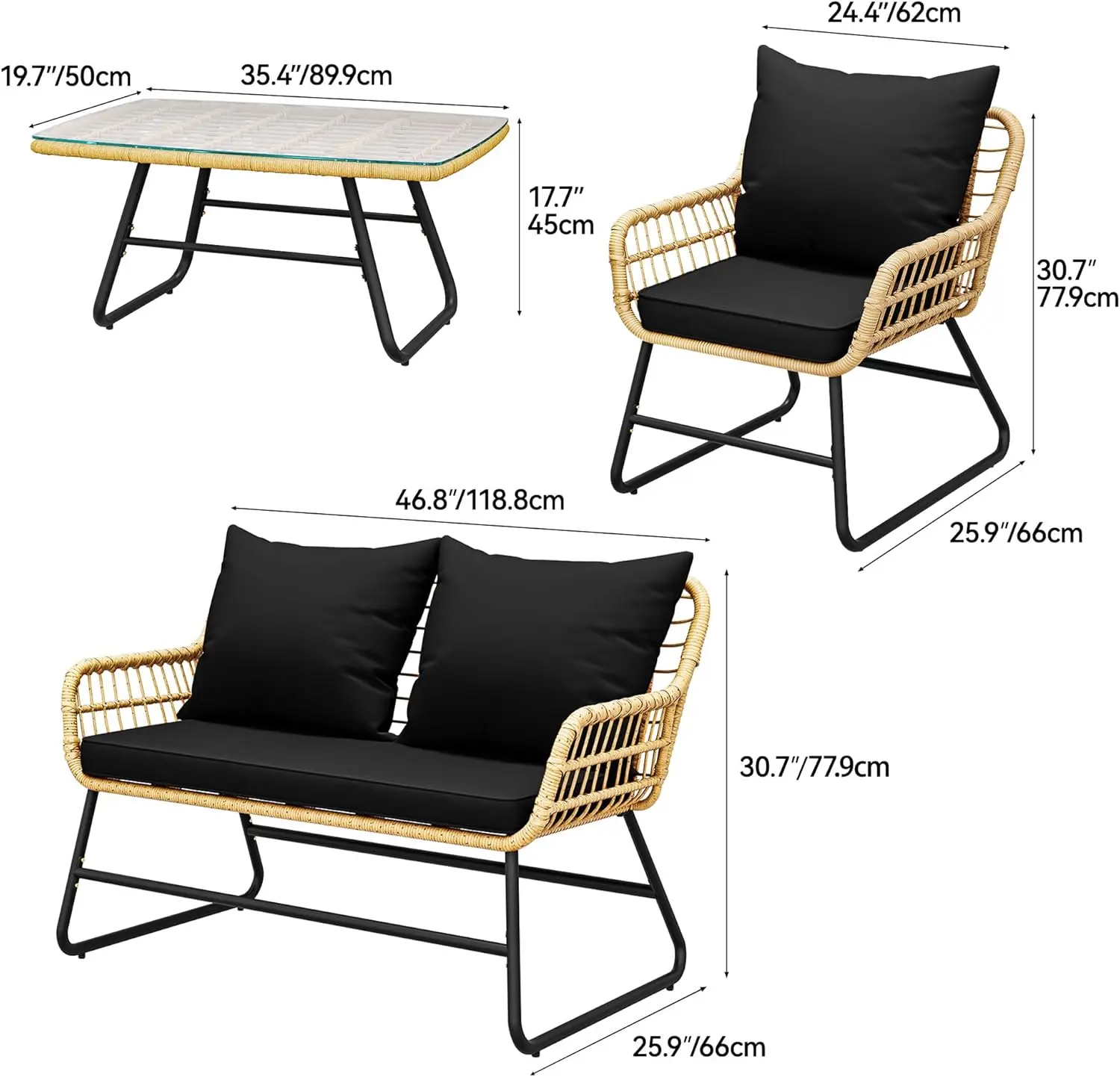 YITAHOME 4-Piece Patio Furniture Wicker Outdoor Bistro Set, All-Weather Rattan Conversation Loveseat Chairs for Backyard, Balcony and Deck with Soft Cushions and Metal Table, Light Brown+Black image 4