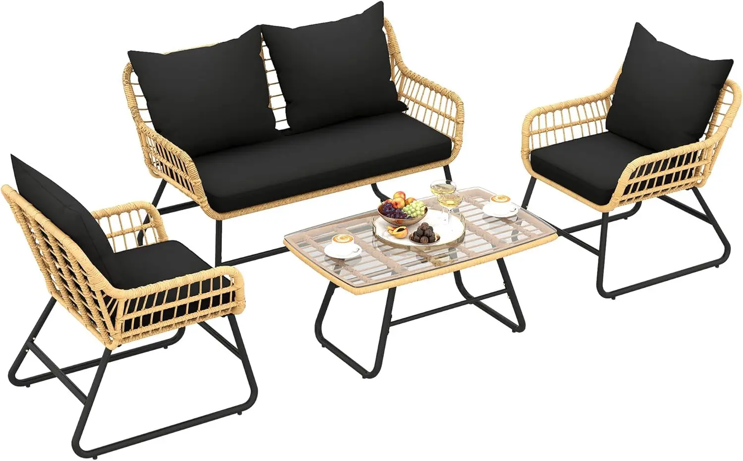 YITAHOME 4-Piece Patio Furniture Wicker Outdoor Bistro Set, All-Weather Rattan Conversation Loveseat Chairs for Backyard, Balcony and Deck with Soft Cushions and Metal Table, Light Brown+Black image 8