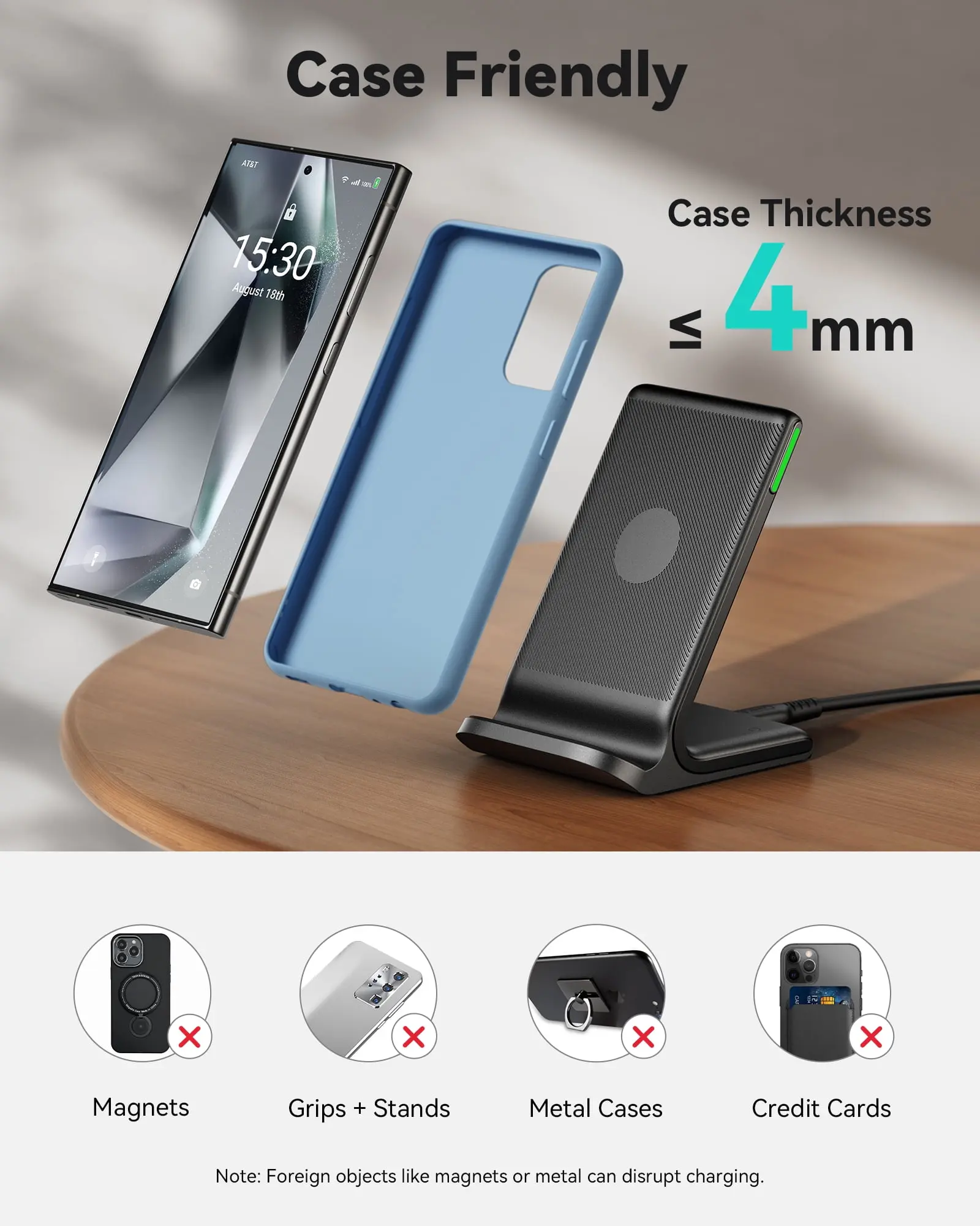 INIU Wireless Charger, 15W Fast Charging Station with Adaptive Light for iPhone and Samsung, Black image 7