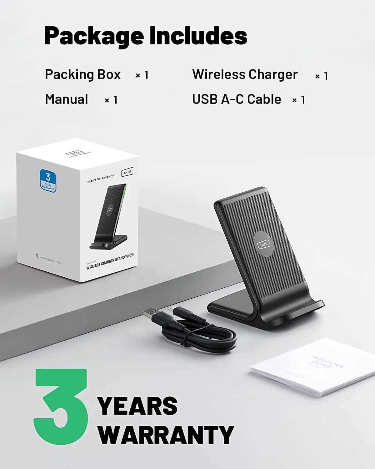 INIU Wireless Charger, 15W Fast Charging Station with Adaptive Light for iPhone and Samsung, Black image 8