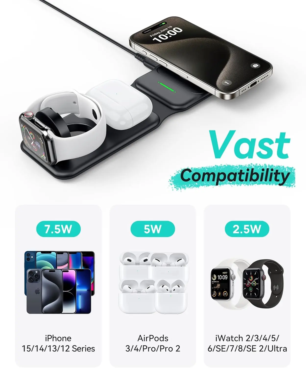 INIU 3 in 1 Charging Station Multiple Devices for Apple, 15W Magnetic Foldable Travel Wireless Charger for iPhone 16 pro max 15 14 13 12 Series, iWatch 10 9 8 SE/Ultra Series, AirPods 4 3 2 pro image 6