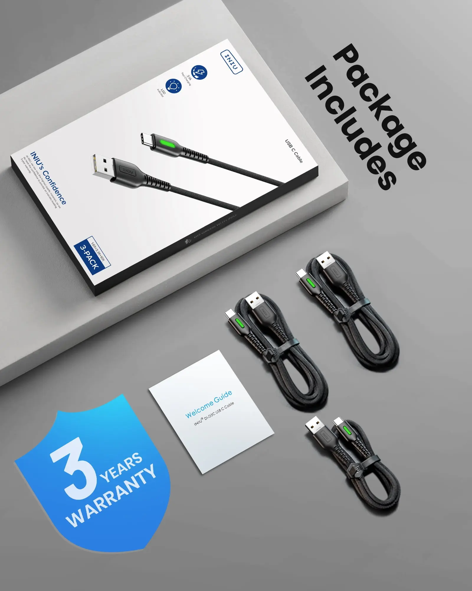 INIU USB C Cable [3 Pack, 6.6ft*2+1.6ft], 3.1A QC Nylon Braided Fast Charging Cord for Samsung iPhone, Black image 6