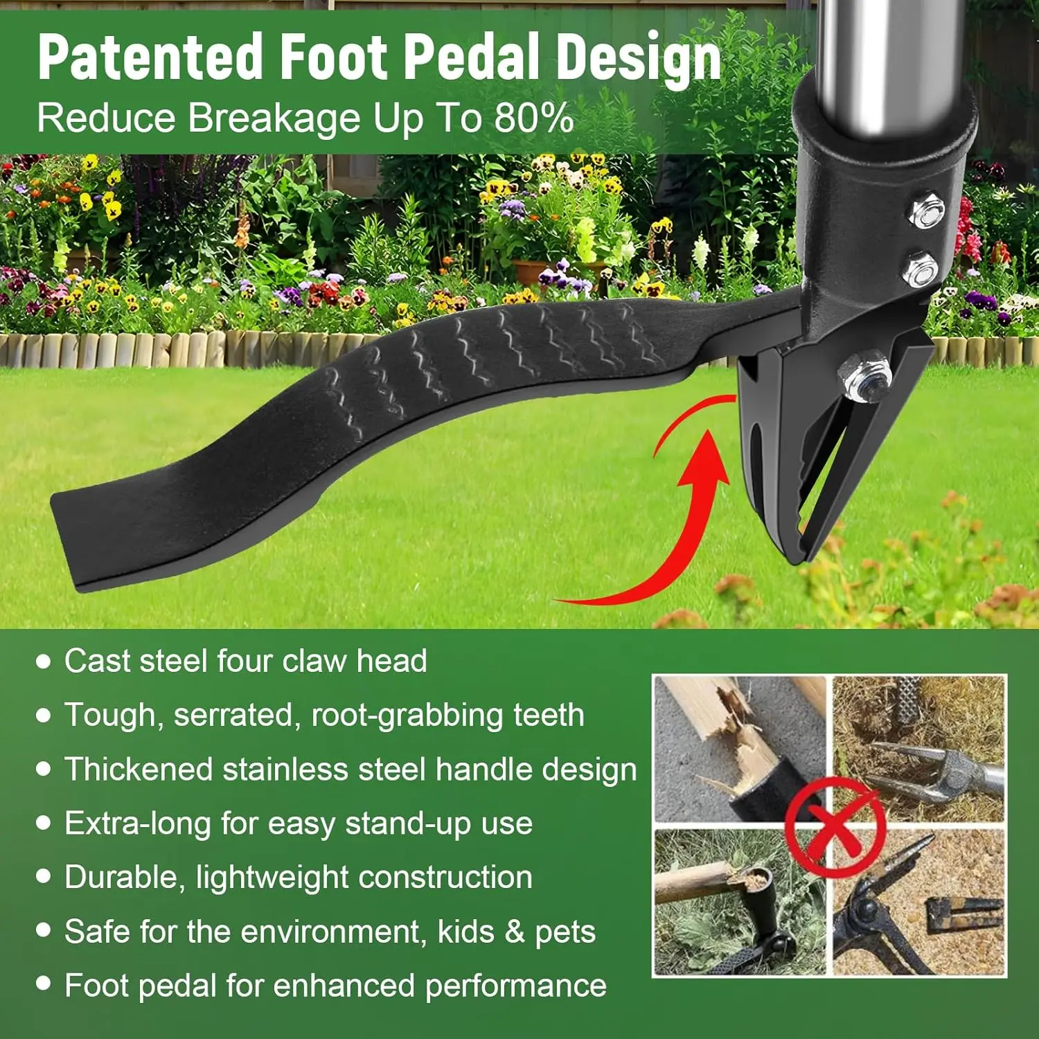 GOXAWEE Weed Puller Tool, 4-Claw Stand Up Weeder with Adjustable 46” Handle for Remove Weeds Without Bending, Pulling or Kneeling image 3