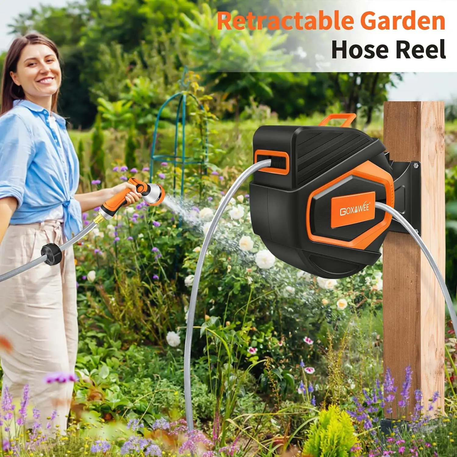 GOXAWEE Retractable Garden Hose Reel, 1/2" x 100 ft Upgraded UV Resistant Water Hose Reel Wall Mounted, Any Length Lock, Automatic Rewind, 180°Swivel Metal Bracket, Orange image 9