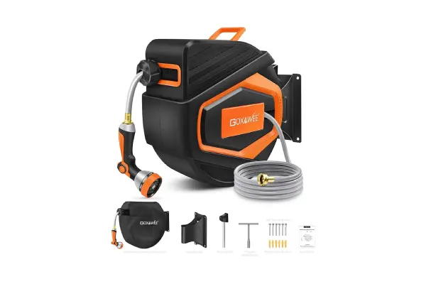 GOXAWEE Retractable Garden Hose Reel, 1/2" x 100 ft Upgraded UV Resistant Water Hose Reel Wall Mounted, Any Length Lock, Automatic Rewind, 180°Swivel Metal Bracket, Orange image