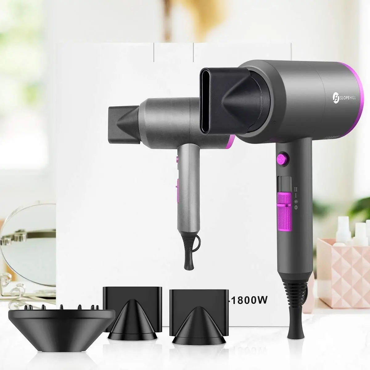 slopehill Professional Ionic Hair Dryer, Powerful 1800W Fast Drying Low Noise Blow Dryer with 2 Concentrator Nozzle 1 Diffuser Attachments for Home Salon Travel image 8