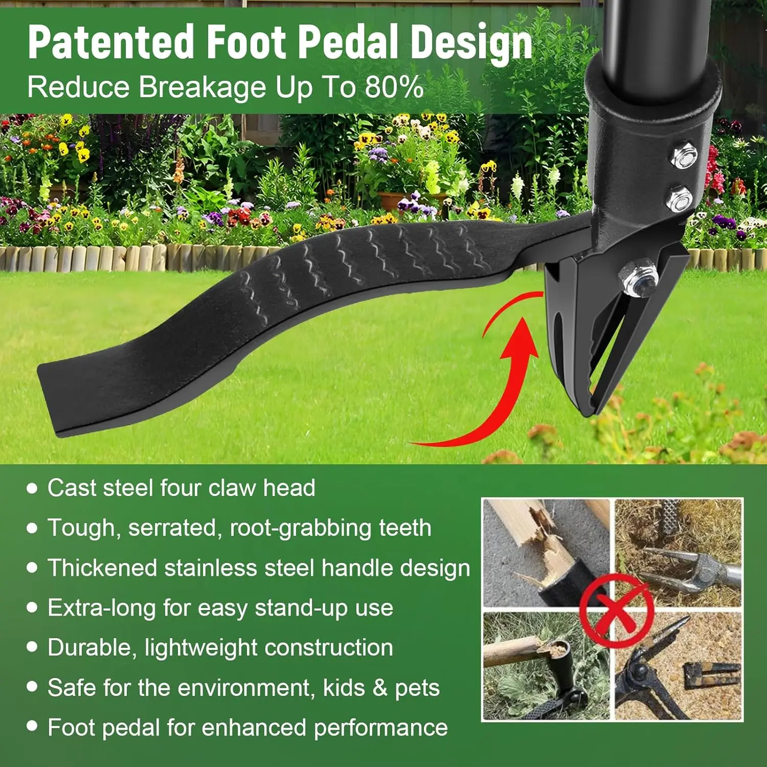 GOXAWEE Weed Puller Tool, 4-Claw Stand Up Weeder with Adjustable 46” Handle for Remove Weeds Without Bending, Pulling or Kneeling (45.5-INCH) image 2