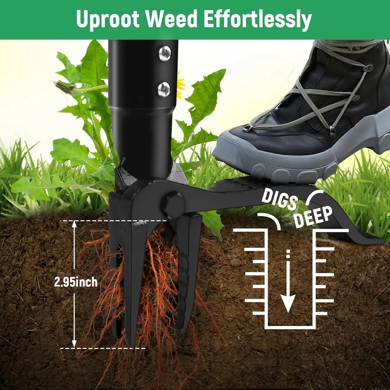 GOXAWEE Weed Puller Tool, 4-Claw Stand Up Weeder with Adjustable 46” Handle for Remove Weeds Without Bending, Pulling or Kneeling (45.5-INCH) image 3