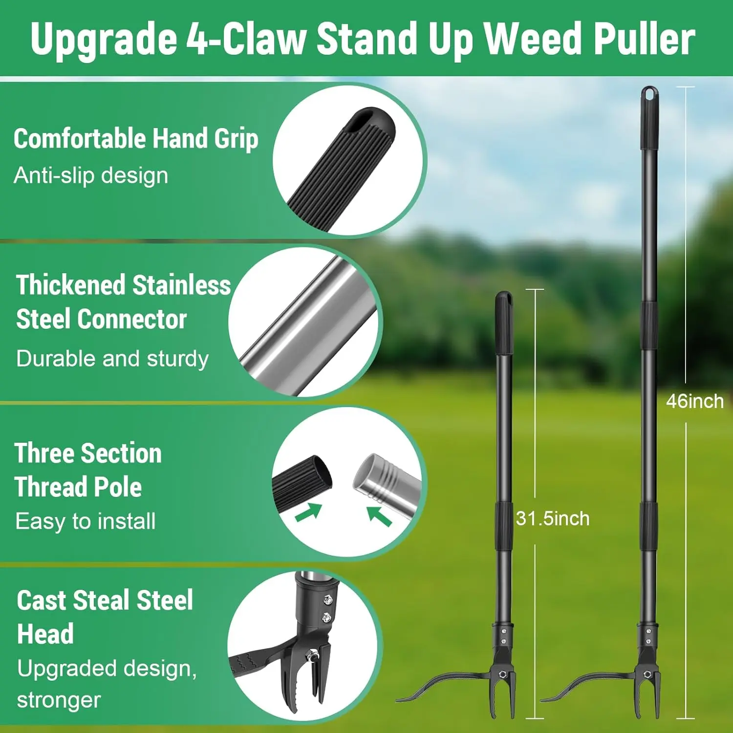 GOXAWEE Weed Puller Tool, 4-Claw Stand Up Weeder with Adjustable 46” Handle for Remove Weeds Without Bending, Pulling or Kneeling (45.5-INCH) image 4