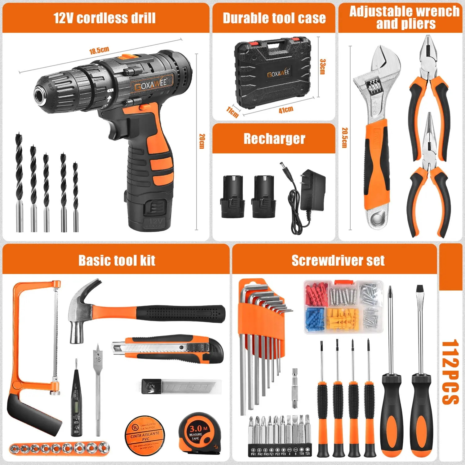 GOXAWEE 112-Piece Tool Set - Tool Kit with 12V Cordless Drill Driver in Storage Case, General Household Drill Set for Home/Auto Repairs, Handyman, DIY Projects image 8
