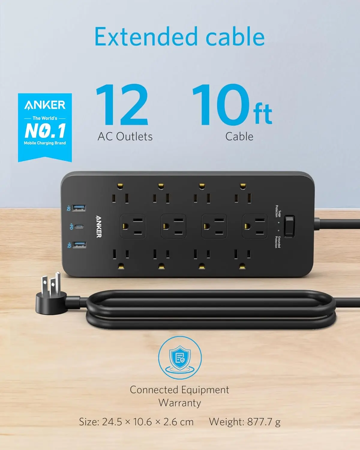 Anker Power Strip with 3 USB Ports, Surge Protector (2100J-10ft), 12 Outlets, 2 USB-A Ports and 1 USB-C Port, Works with iPhone 16/16 Plus/16 Pro/16 Pro Max, for Home, Office, TUV Listed image 2