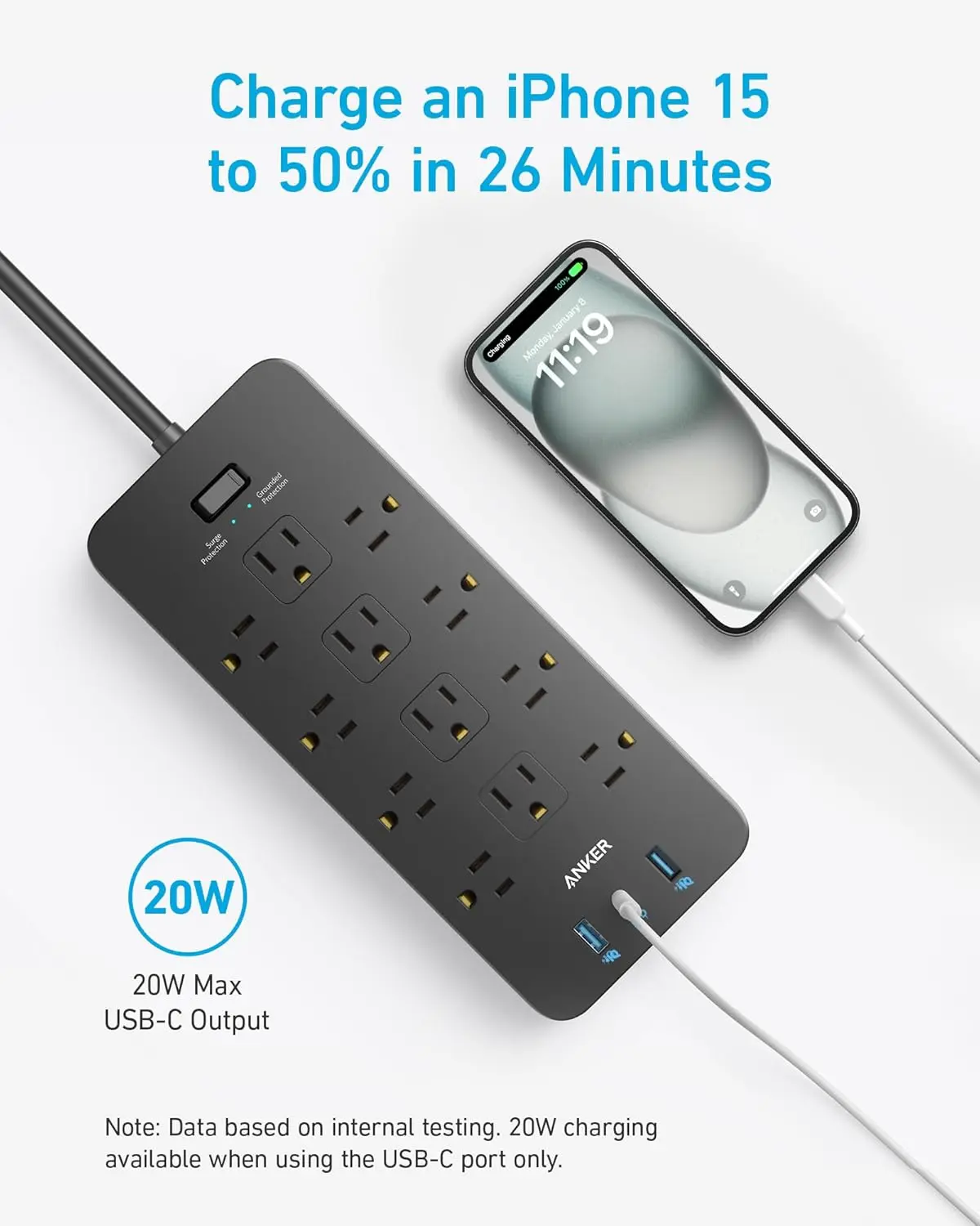 Anker Power Strip with 3 USB Ports, Surge Protector (2100J-10ft), 12 Outlets, 2 USB-A Ports and 1 USB-C Port, Works with iPhone 16/16 Plus/16 Pro/16 Pro Max, for Home, Office, TUV Listed image 4