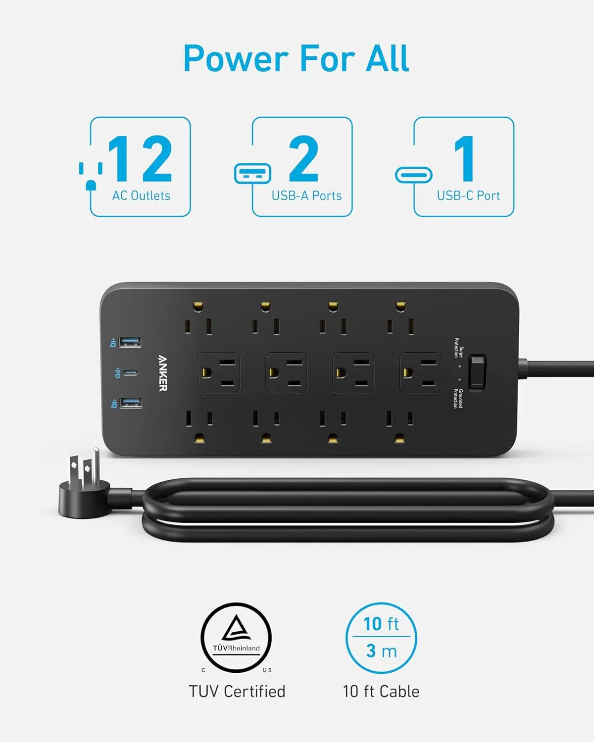 Anker Power Strip with 3 USB Ports, Surge Protector (2100J-10ft), 12 Outlets, 2 USB-A Ports and 1 USB-C Port, Works with iPhone 16/16 Plus/16 Pro/16 Pro Max, for Home, Office, TUV Listed image 8