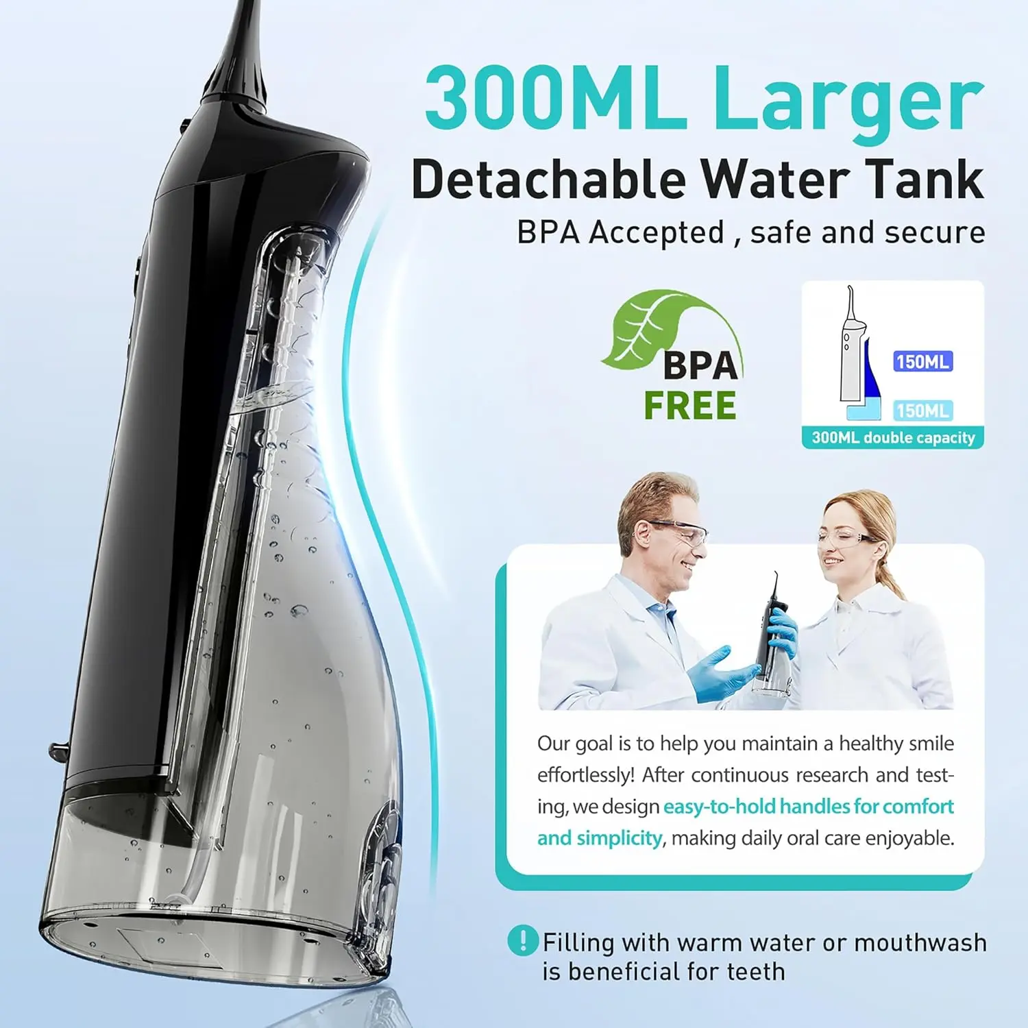 COSLUS Water Dental Flosser Teeth Pick: Portable Cordless Oral Irrigator 300ML Rechargeable Travel Irrigation Cleaner IPX7 Waterproof Electric Flossing Machine for Teeth Cleaning C20(F5020E) image 3