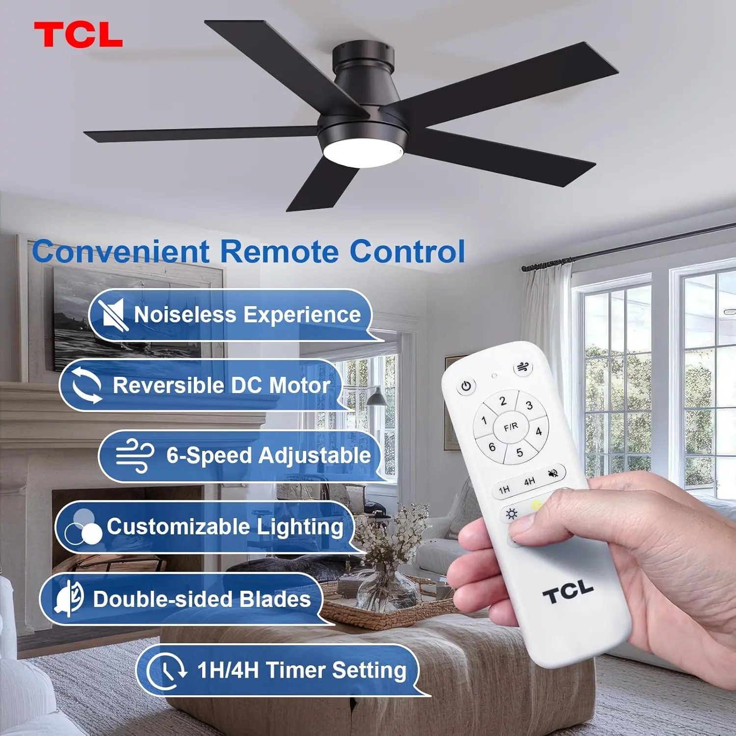 TCL 52" Ceiling Fan with Lights, Black Flush Mount Ceiling Fans with Remote Control, 6 Speeds DC Reversible, Dimmable, Noiseless, Low Profile Ceiling Fans for Bedroom image 3