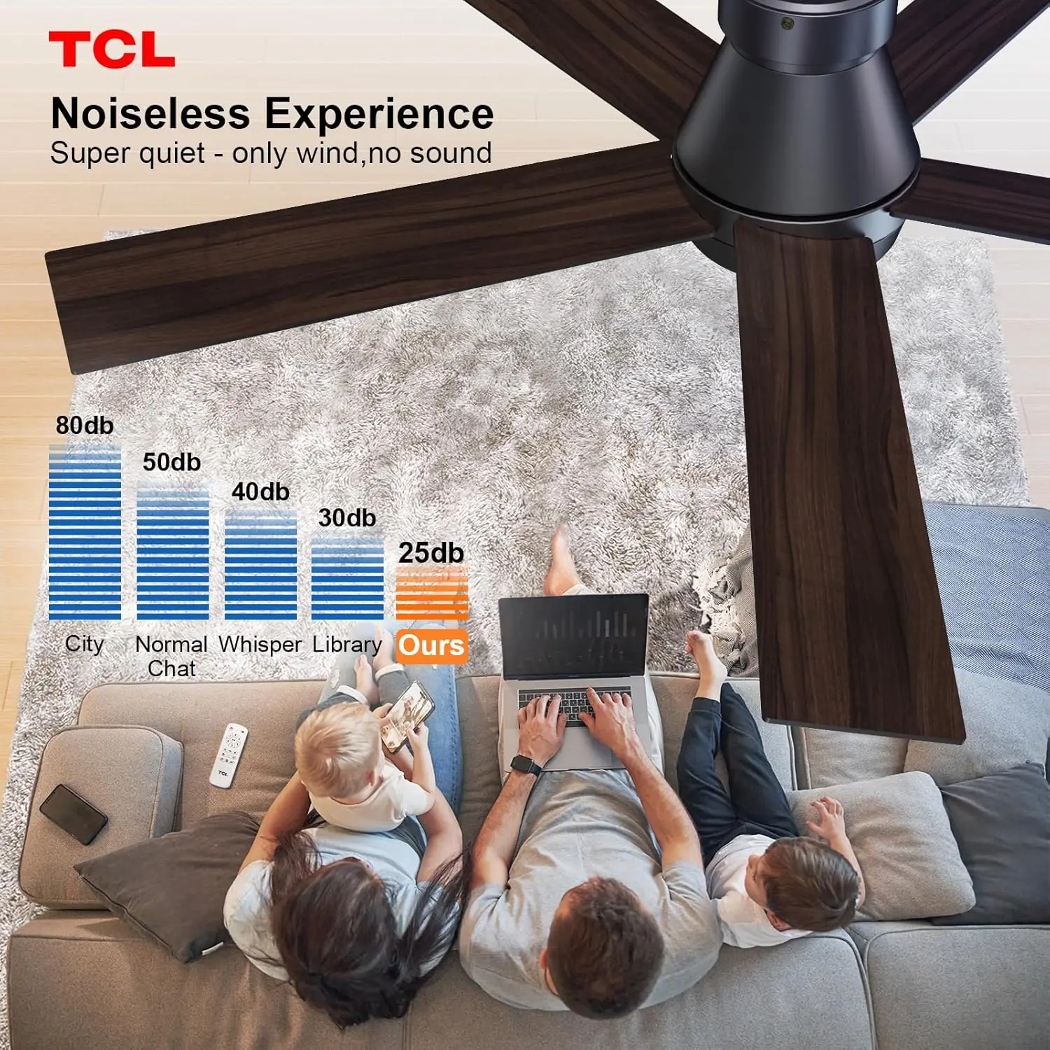 TCL 52" Ceiling Fan with Lights, Black Flush Mount Ceiling Fans with Remote Control, 6 Speeds DC Reversible, Dimmable, Noiseless, Low Profile Ceiling Fans for Bedroom image 6