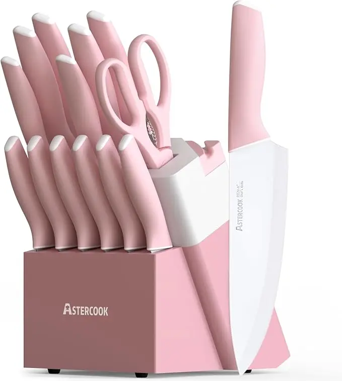 Astercook Knife Set, Kitchen Knives Set with Block and Sharpener Ceramic Coating 15 Pcs German Stainless Steel Knives Sharp Blade Dishwasher Safe Knife Block Set with Ergonomic Handle, Crystal Pink image 1