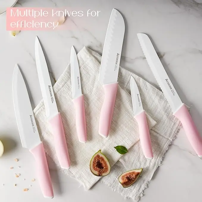 Astercook Knife Set, Kitchen Knives Set with Block and Sharpener Ceramic Coating 15 Pcs German Stainless Steel Knives Sharp Blade Dishwasher Safe Knife Block Set with Ergonomic Handle, Crystal Pink image 4
