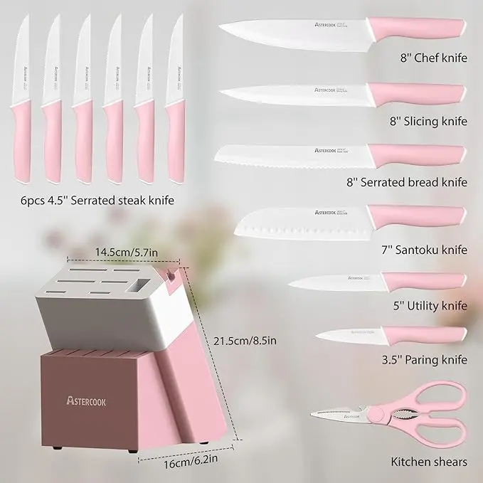 Astercook Knife Set, Kitchen Knives Set with Block and Sharpener Ceramic Coating 15 Pcs German Stainless Steel Knives Sharp Blade Dishwasher Safe Knife Block Set with Ergonomic Handle, Crystal Pink image 5