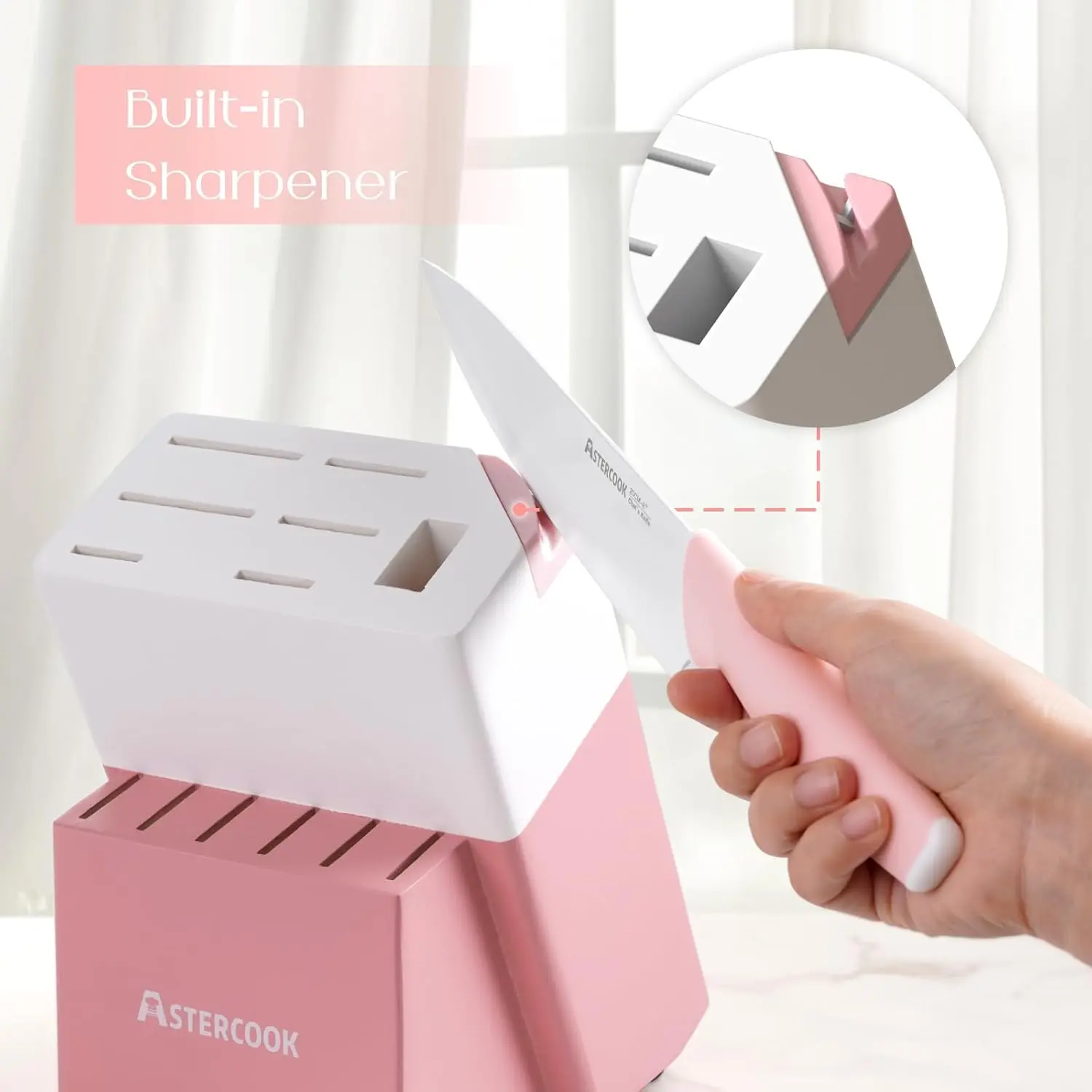 Astercook Knife Set, Kitchen Knives Set with Block and Sharpener Ceramic Coating 15 Pcs German Stainless Steel Knives Sharp Blade Dishwasher Safe Knife Block Set with Ergonomic Handle, Crystal Pink image 6