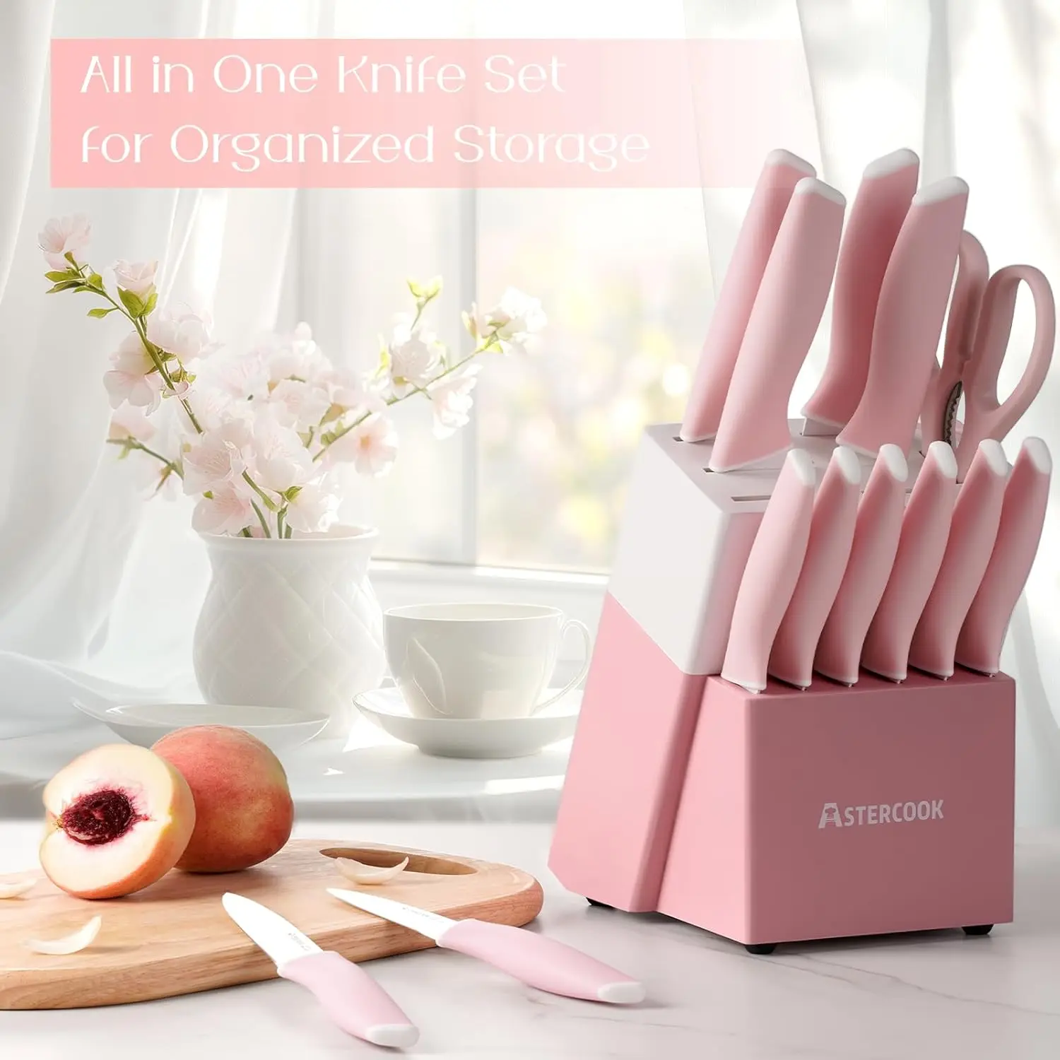 Astercook Knife Set, Kitchen Knives Set with Block and Sharpener Ceramic Coating 15 Pcs German Stainless Steel Knives Sharp Blade Dishwasher Safe Knife Block Set with Ergonomic Handle, Crystal Pink image 8